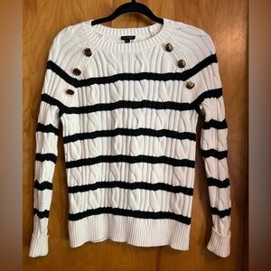 Talbots cable knit navy and cream striped sweater with gold buttons. Size S.